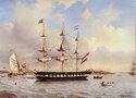 graphics/mmr/coll/P1101_DIVZW.jpg; P1101; Het koopvaardijfregat 'Baron van der Capellen' voor anker liggend op de Maas te Rotterdam; schilderij