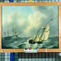 graphics/mmr/coll/P1630-4_6X6KLNEG.jpg; P1630; Loodsrinkelaar en oorlogsfregat; schilderij